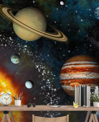fargerikt tilpassbart romtapet veggmaleri kalt 3D Solar System for barnas soverom fargerikt tilpassbart romtapet veggmaleri kalt 3D Solar System for barnas soverom