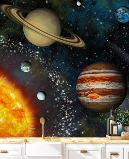 colorido mural de papel pintado espacial personalizable llamado Sistema Solar 3D para dormitorio infantil