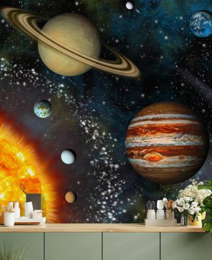 kleurrijke aanpasbare ruimtebehangmuurschildering genaamd 3D Solar System voor de kinderkamer kleurrijke aanpasbare ruimtebehangmuurschildering genaamd 3D Solar System voor de kinderkamer