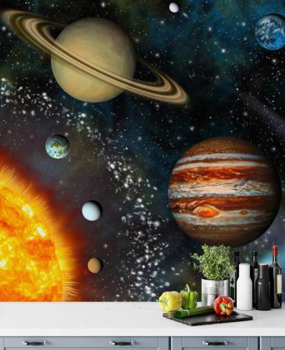 kleurrijke aanpasbare ruimtebehangmuurschildering genaamd 3D Solar System voor de kinderkamer