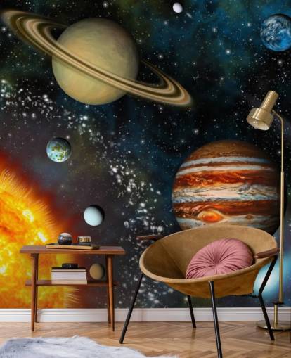 färgglad anpassningsbar rymdtapet väggmålning kallad 3D Solar System för barnets sovrum