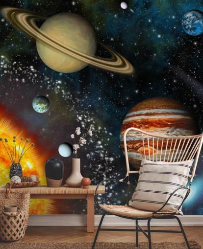 värikäs muokattava tilataustakuva seinämaalaus nimeltä 3D Solar System lapsen makuuhuoneeseen
