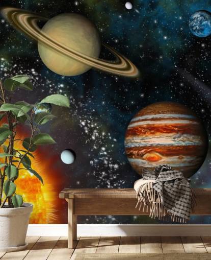 colourful customisable space wallpaper mural called 3D Solar System for child's bedroom
