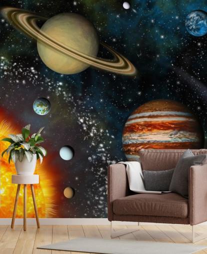 papier peint mural coloré personnalisable appelé 3D Solar System pour chambre d'enfant
