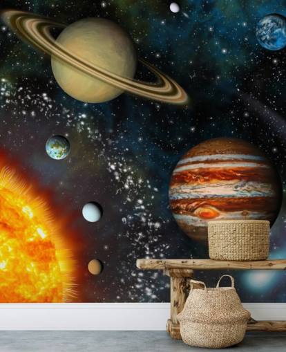papier peint mural coloré personnalisable appelé 3D Solar System pour chambre d'enfant