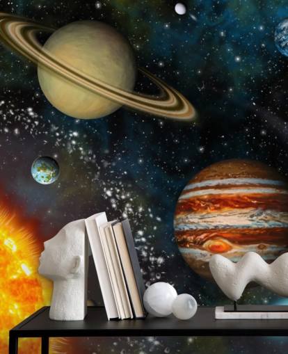 värikäs muokattava tilataustakuva seinämaalaus nimeltä 3D Solar System lapsen makuuhuoneeseen