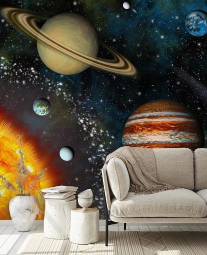 färgglad anpassningsbar rymdtapet väggmålning kallad 3D Solar System för barnets sovrum