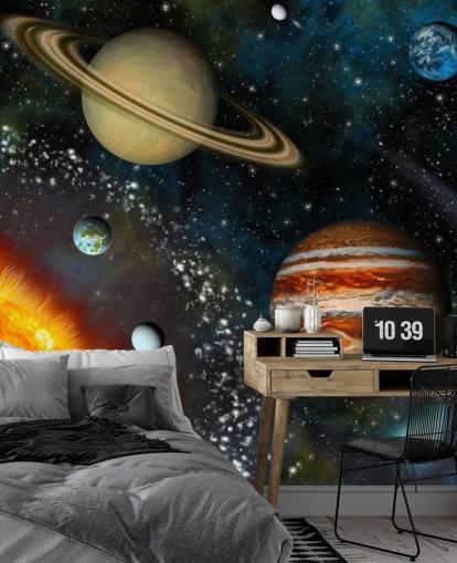 colourful customisable space wallpaper mural called 3D Solar System for child's bedroom colourful customisable space wallpaper mural called 3D Solar System for child's bedroom