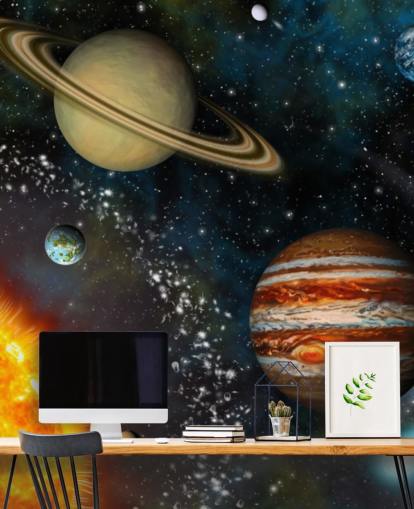 mural colorido de papel de parede espacial personalizável chamado 3D Solar System para quarto de criança
