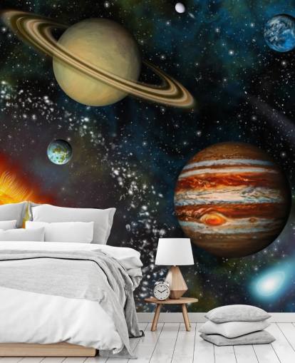 kleurrijke aanpasbare ruimtebehangmuurschildering genaamd 3D Solar System voor de kinderkamer kleurrijke aanpasbare ruimtebehangmuurschildering genaamd 3D Solar System voor de kinderkamer