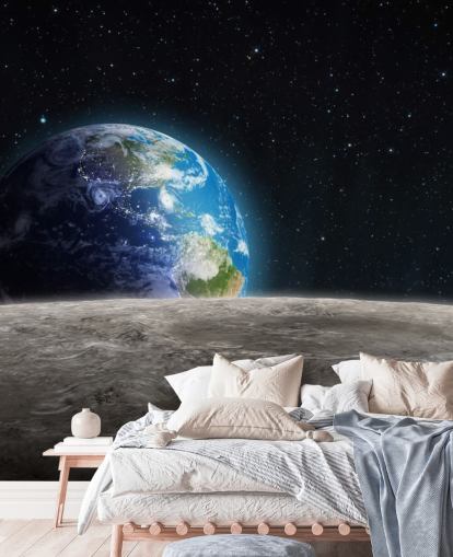 carta da parati murale scura personalizzata con terra e luna chiamata Rising Earth per camere da letto