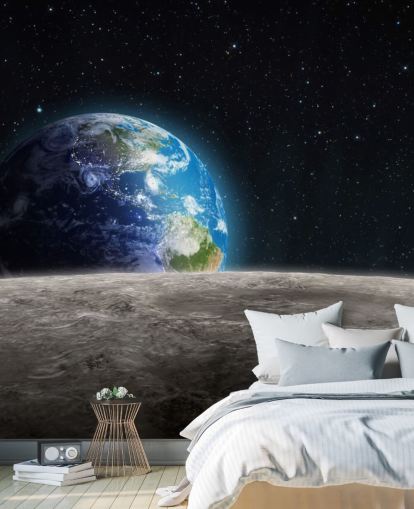 mural oscuro personalizado de papel pintado de tierra y luna llamado Rising Earth para dormitorios