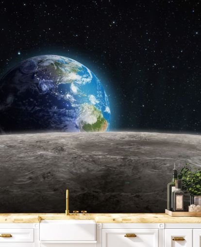 mørkt tilpasset jord- og månetapetveggmaleri kalt Rising Earth for soverom