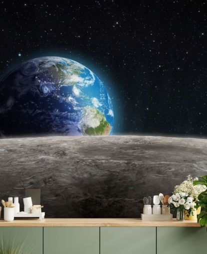 dark custom earth and moon wallpaper mural called Rising Earth for bedrooms