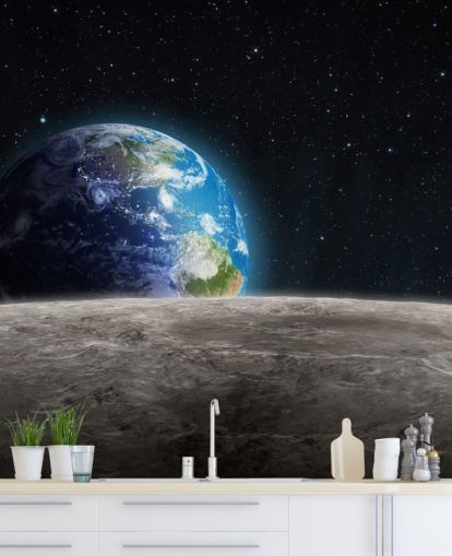 mural oscuro personalizado de papel pintado de tierra y luna llamado Rising Earth para dormitorios