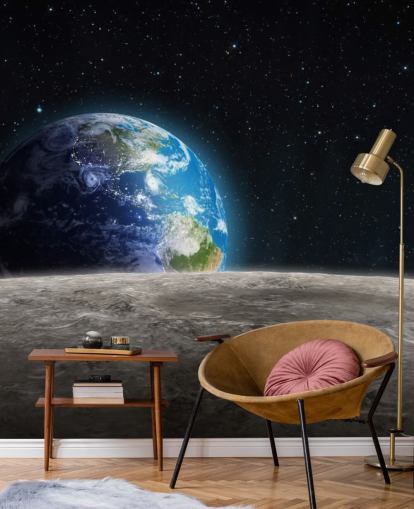 donkere op maat gemaakte muurschildering van aarde en maan genaamd Rising Earth voor slaapkamers donkere op maat gemaakte muurschildering van aarde en maan genaamd Rising Earth voor slaapkamers