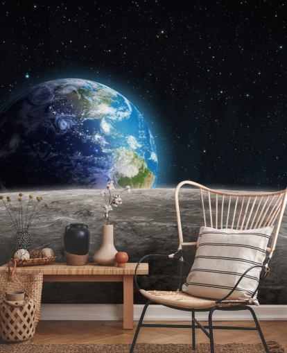 carta da parati murale scura personalizzata con terra e luna chiamata Rising Earth per camere da letto carta da parati murale scura personalizzata con terra e luna chiamata Rising Earth per camere da letto