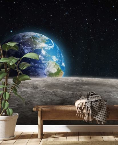 mural oscuro personalizado de papel pintado de tierra y luna llamado Rising Earth para dormitorios