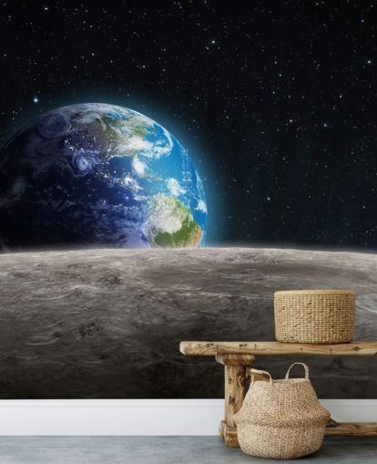 mural oscuro personalizado de papel pintado de tierra y luna llamado Rising Earth para dormitorios