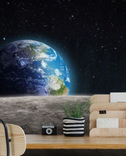 mural de papel de parede escuro personalizado de terra e lua chamado Rising Earth para quartos mural de papel de parede escuro personalizado de terra e lua chamado Rising Earth para quartos