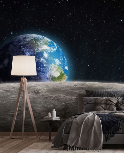 mörk anpassad jord och måne tapetväggmålning som heter Rising Earth för sovrum mörk anpassad jord och måne tapetväggmålning som heter Rising Earth för sovrum