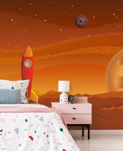 Cartoon Rocket op Mars Muurschildering Cartoon Rocket op Mars Muurschildering