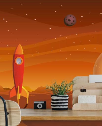 Cartoon Rocket op Mars Muurschildering Cartoon Rocket op Mars Muurschildering