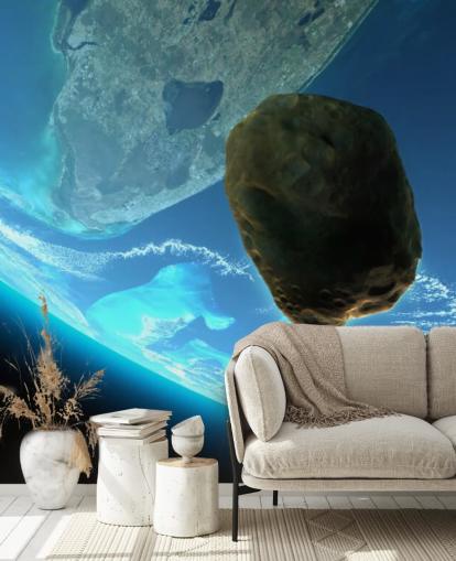 Decorazione murale con meteorite che cade verso la terra