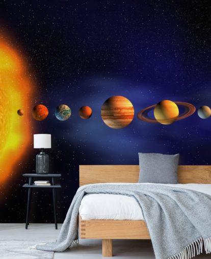 blue and orange planet wallpaper mural called Solar System for child's bedroom