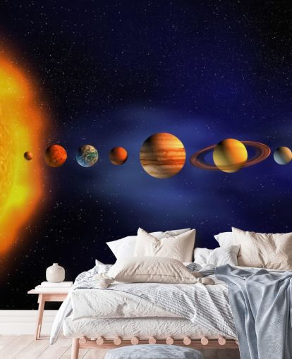 blauwe en oranje planeet behangmuurschildering genaamd Solar System voor de kinderkamer blauwe en oranje planeet behangmuurschildering genaamd Solar System voor de kinderkamer