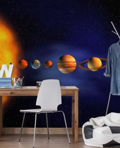 Planetentapete in Blau und Orange mit dem Titel Sonnensystem für das Kinderzimmer
