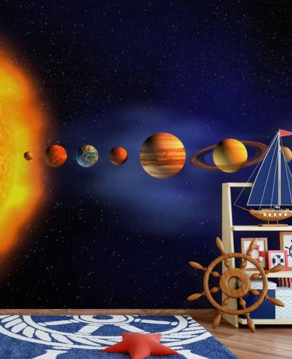 Planetentapete in Blau und Orange mit dem Titel Sonnensystem für das Kinderzimmer