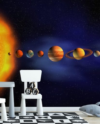 blå og oransje planet tapet veggmaleri kalt Solar System for barnets soverom
