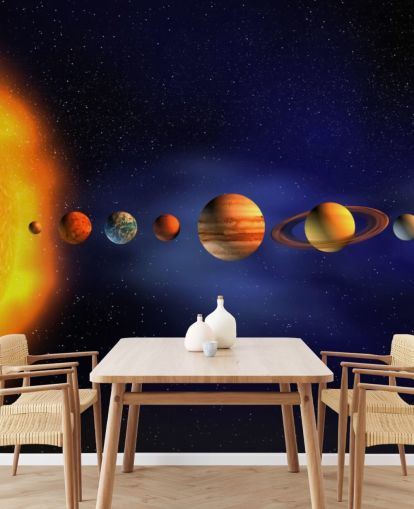 blå och orange planet tapetväggmålning kallad Solar System för barnets sovrum
