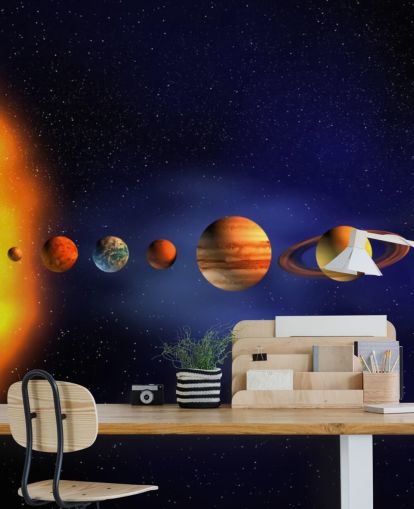 blå och orange planet tapetväggmålning kallad Solar System för barnets sovrum blå och orange planet tapetväggmålning kallad Solar System för barnets sovrum