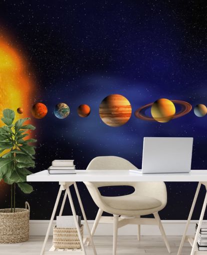 blauwe en oranje planeet behangmuurschildering genaamd Solar System voor de kinderkamer