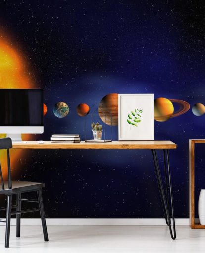 blå och orange planet tapetväggmålning kallad Solar System för barnets sovrum