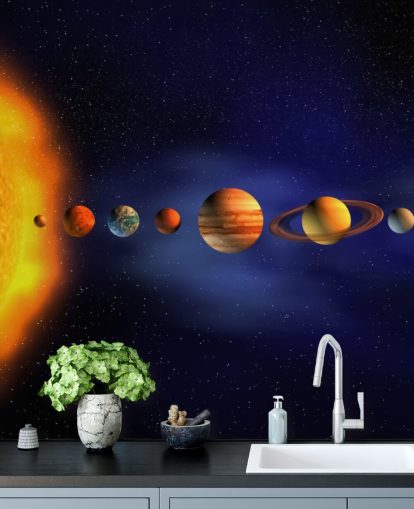 blauwe en oranje planeet behangmuurschildering genaamd Solar System voor de kinderkamer