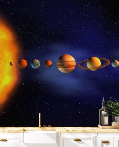 mural de papel pintado de planetas azules y naranjas llamado Sistema Solar para dormitorio infantil