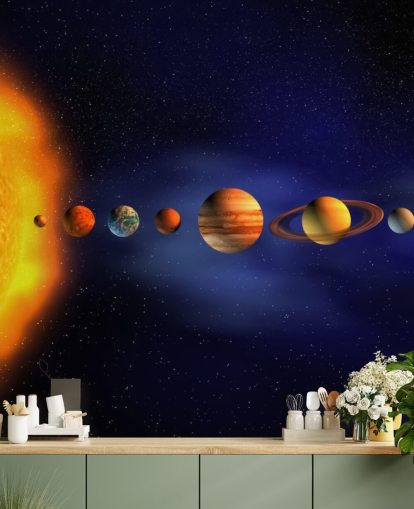 blauwe en oranje planeet behangmuurschildering genaamd Solar System voor de kinderkamer