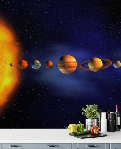 blue and orange planet wallpaper mural called Solar System for child's bedroom