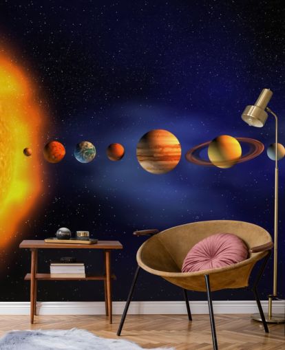papier peint mural de la planète bleue et orange appelé Solar System pour chambre d'enfant