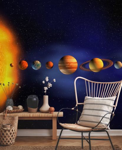 mural de papel pintado de planetas azules y naranjas llamado Sistema Solar para dormitorio infantil