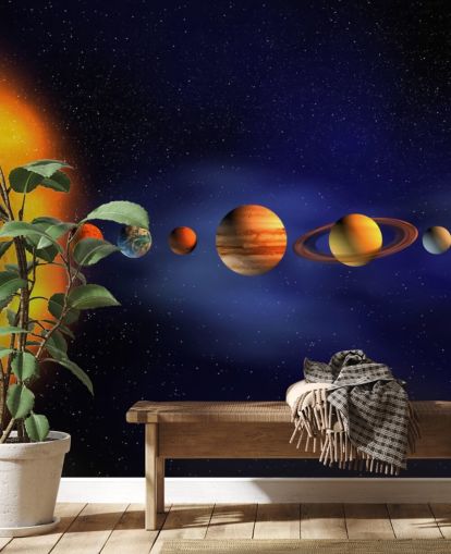 blå och orange planet tapetväggmålning kallad Solar System för barnets sovrum