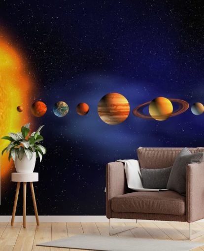 sininen ja oranssi planeetta taustakuvamaalaus nimeltä Solar System lapsen makuuhuoneeseen