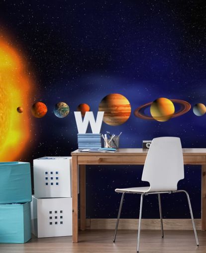 blå og orange planet tapet vægmaleri kaldet Solar System til barnets soveværelse