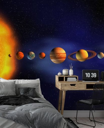 sininen ja oranssi planeetta taustakuvamaalaus nimeltä Solar System lapsen makuuhuoneeseen