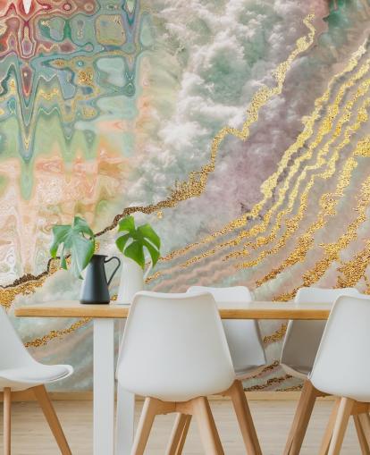 gold colour geode with pink, purple and green shades wallpaper