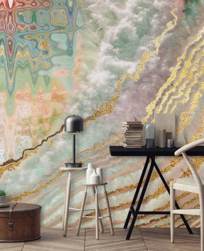 papier peint géode couleur or avec des nuances de rose, violet et vert