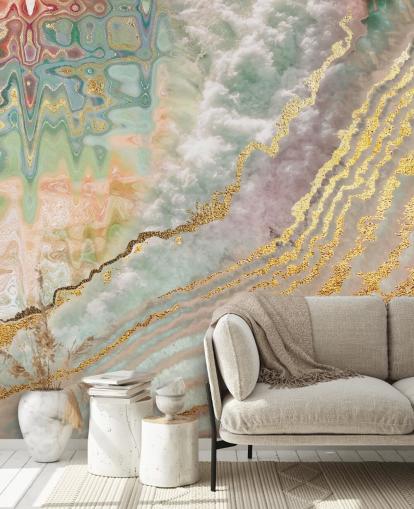 gold colour geode with pink, purple and green shades wallpaper